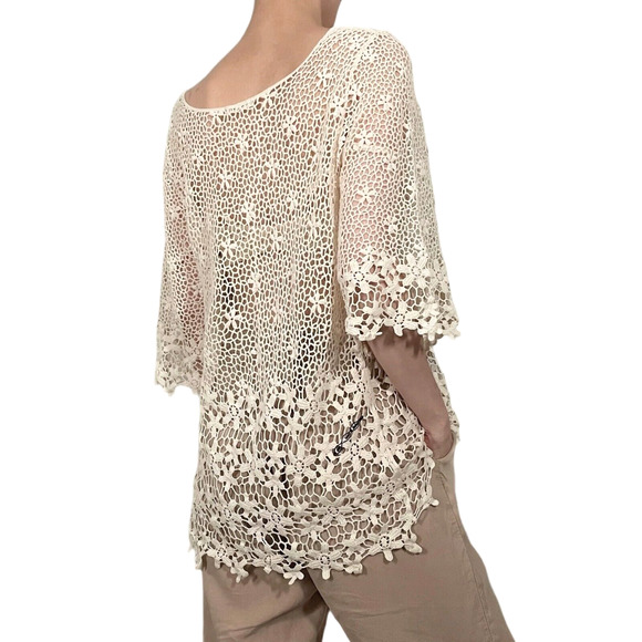 Free People Crochet Floral Lace Top Semi-Sheer Beige One Sz Cover-Up Scoop Neck - Picture 4 of 8